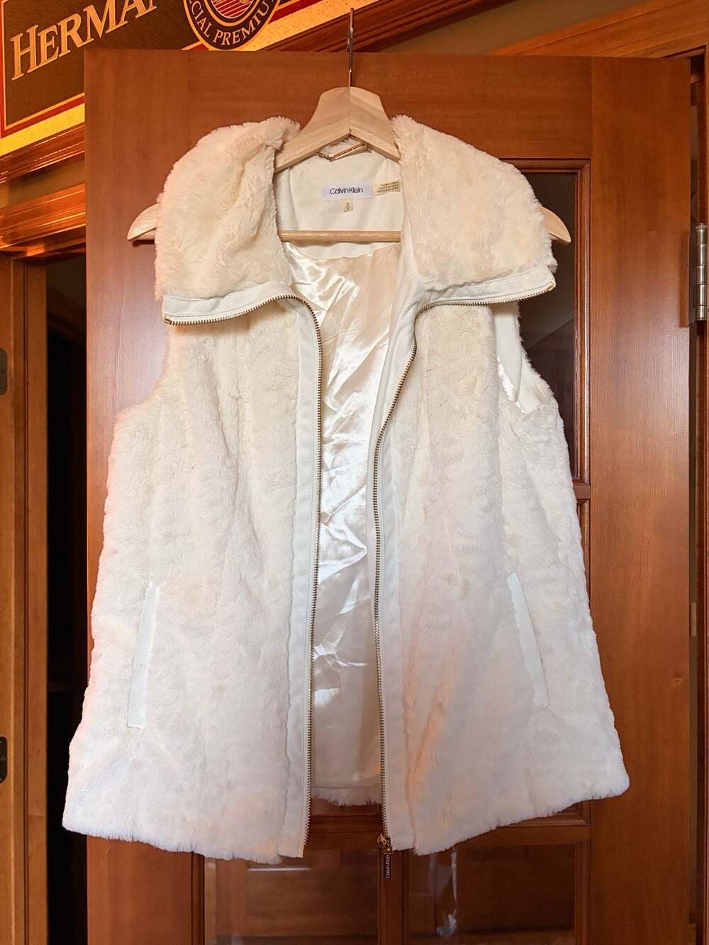 Calvin Klein Faux Fur Vest Size S Ivory Full Zip Winter Outerwear
